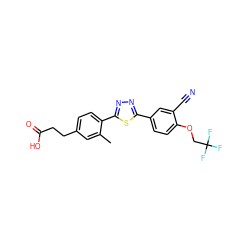 Cc1cc(CCC(=O)O)ccc1-c1nnc(-c2ccc(OCC(F)(F)F)c(C#N)c2)s1 ZINC000038147469