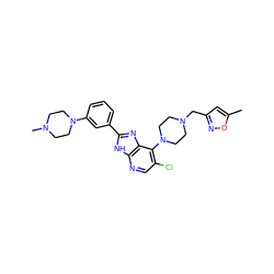 Cc1cc(CN2CCN(c3c(Cl)cnc4[nH]c(-c5cccc(N6CCN(C)CC6)c5)nc34)CC2)no1 ZINC000095560727