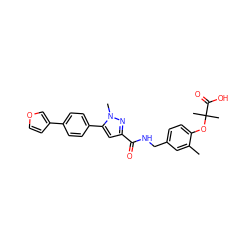 Cc1cc(CNC(=O)c2cc(-c3ccc(-c4ccoc4)cc3)n(C)n2)ccc1OC(C)(C)C(=O)O ZINC000013983079