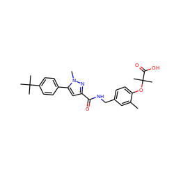 Cc1cc(CNC(=O)c2cc(-c3ccc(C(C)(C)C)cc3)n(C)n2)ccc1OC(C)(C)C(=O)O ZINC000013983069