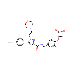 Cc1cc(CNC(=O)c2cc(-c3ccc(C(C)(C)C)cc3)n(CCN3CCOCC3)n2)ccc1OC(C)(C)C(=O)O ZINC000044358478