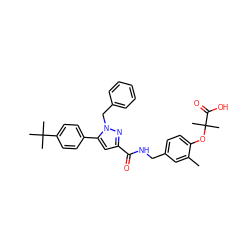 Cc1cc(CNC(=O)c2cc(-c3ccc(C(C)(C)C)cc3)n(Cc3ccccc3)n2)ccc1OC(C)(C)C(=O)O ZINC000042875604