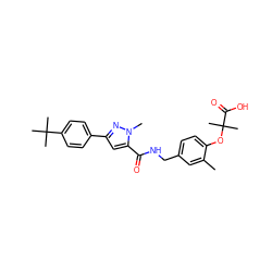 Cc1cc(CNC(=O)c2cc(-c3ccc(C(C)(C)C)cc3)nn2C)ccc1OC(C)(C)C(=O)O ZINC000040393734