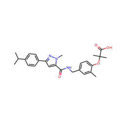 Cc1cc(CNC(=O)c2cc(-c3ccc(C(C)C)cc3)nn2C)ccc1OC(C)(C)C(=O)O ZINC000038320570