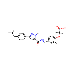 Cc1cc(CNC(=O)c2cc(-c3ccc(CC(C)C)cc3)nn2C)ccc1OC(C)(C)C(=O)O ZINC000040380487