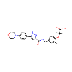 Cc1cc(CNC(=O)c2cc(-c3ccc(N4CCOCC4)cc3)n(C)n2)ccc1OC(C)(C)C(=O)O ZINC000040891654