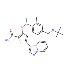 Cc1cc(CNC(C)(C)C)ccc1[C@@H](C)Oc1cc(-c2cnc3ccccn23)sc1C(N)=O ZINC000043022152