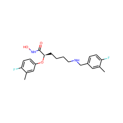 Cc1cc(CNCCCC[C@@H](Oc2ccc(F)c(C)c2)C(=O)NO)ccc1F ZINC000071329595