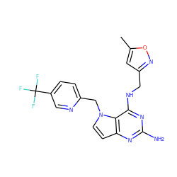 Cc1cc(CNc2nc(N)nc3ccn(Cc4ccc(C(F)(F)F)cn4)c23)no1 ZINC001772605504