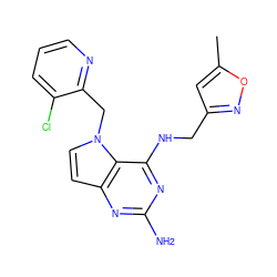 Cc1cc(CNc2nc(N)nc3ccn(Cc4ncccc4Cl)c23)no1 ZINC001772582002