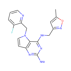 Cc1cc(CNc2nc(N)nc3ccn(Cc4ncccc4F)c23)no1 ZINC001772626258