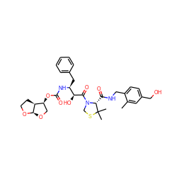 Cc1cc(CO)ccc1CNC(=O)[C@H]1N(C(=O)[C@@H](O)[C@H](Cc2ccccc2)NC(=O)O[C@H]2CO[C@H]3OCC[C@@H]23)CSC1(C)C ZINC000049762686