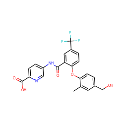 Cc1cc(CO)ccc1Oc1ccc(C(F)(F)F)cc1C(=O)Nc1ccc(C(=O)O)nc1 ZINC000218495592