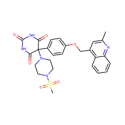 Cc1cc(COc2ccc(C3(N4CCN(S(C)(=O)=O)CC4)C(=O)NC(=O)NC3=O)cc2)c2ccccc2n1 ZINC000028468448