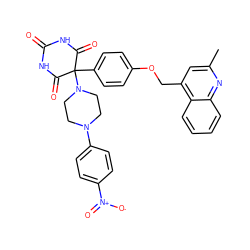 Cc1cc(COc2ccc(C3(N4CCN(c5ccc([N+](=O)[O-])cc5)CC4)C(=O)NC(=O)NC3=O)cc2)c2ccccc2n1 ZINC000028468113