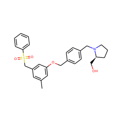 Cc1cc(CS(=O)(=O)c2ccccc2)cc(OCc2ccc(CN3CCC[C@H]3CO)cc2)c1 ZINC000169340196