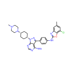 Cc1cc(Cl)c2oc(Nc3ccc(-c4nn([C@H]5CC[C@@H](N6CCN(C)CC6)CC5)c5ncnc(N)c45)cc3)nc2c1 ZINC000253951873