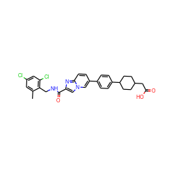 Cc1cc(Cl)cc(Cl)c1CNC(=O)c1cn2cc(-c3ccc(C4CCC(CC(=O)O)CC4)cc3)ccc2n1 ZINC000147739567