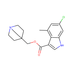 Cc1cc(Cl)cc2[nH]cc(C(=O)OCC34CCN(CC3)CC4)c12 ZINC001772578876