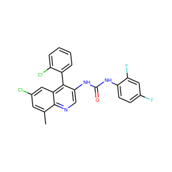 Cc1cc(Cl)cc2c(-c3ccccc3Cl)c(NC(=O)Nc3ccc(F)cc3F)cnc12 ZINC000013737650