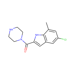 Cc1cc(Cl)cc2cc(C(=O)N3CCNCC3)[nH]c12 ZINC000084671025