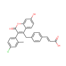 Cc1cc(Cl)ccc1-c1c(Cc2ccc(/C=C/C(=O)O)cc2)c2ccc(O)cc2oc1=O ZINC000299851353