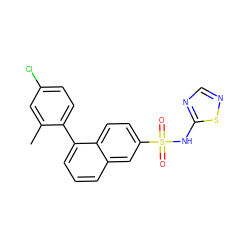 Cc1cc(Cl)ccc1-c1cccc2cc(S(=O)(=O)Nc3ncns3)ccc12 ZINC000225106321