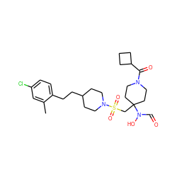 Cc1cc(Cl)ccc1CCC1CCN(S(=O)(=O)CC2(N(O)C=O)CCN(C(=O)C3CCC3)CC2)CC1 ZINC000071294626