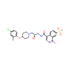 Cc1cc(Cl)ccc1OC1CCN(C[C@H](O)CNC(=O)c2c[nH]c(=O)c3cc(S(C)(=O)=O)ccc23)CC1 ZINC000095563716