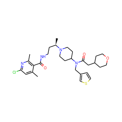 Cc1cc(Cl)nc(C)c1C(=O)NCC[C@@H](C)N1CCC(N(Cc2ccsc2)C(=O)CC2CCOCC2)CC1 ZINC000059353609