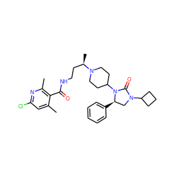 Cc1cc(Cl)nc(C)c1C(=O)NCC[C@@H](C)N1CCC(N2C(=O)N(C3CCC3)C[C@H]2c2ccccc2)CC1 ZINC000096285389