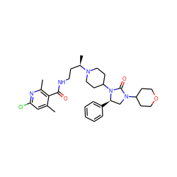 Cc1cc(Cl)nc(C)c1C(=O)NCC[C@@H](C)N1CCC(N2C(=O)N(C3CCOCC3)C[C@H]2c2ccccc2)CC1 ZINC000096285347