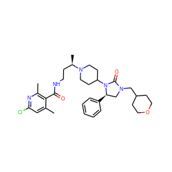 Cc1cc(Cl)nc(C)c1C(=O)NCC[C@@H](C)N1CCC(N2C(=O)N(CC3CCOCC3)C[C@H]2c2ccccc2)CC1 ZINC000096285402