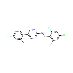 Cc1cc(Cl)ncc1-c1cnc(NCc2c(F)cc(Cl)cc2F)nc1 ZINC000149806639