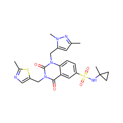 Cc1cc(Cn2c(=O)n(Cc3cnc(C)s3)c(=O)c3cc(S(=O)(=O)NC4(C)CC4)ccc32)n(C)n1 ZINC000685965980