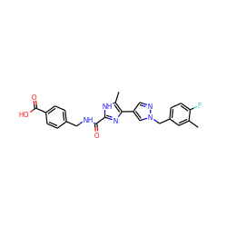 Cc1cc(Cn2cc(-c3nc(C(=O)NCc4ccc(C(=O)O)cc4)[nH]c3C)cn2)ccc1F ZINC000169703952