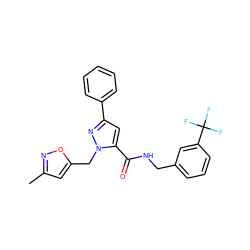 Cc1cc(Cn2nc(-c3ccccc3)cc2C(=O)NCc2cccc(C(F)(F)F)c2)on1 ZINC000036384167