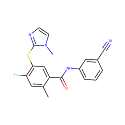 Cc1cc(F)c(Sc2nccn2C)cc1C(=O)Nc1cccc(C#N)c1 ZINC000084758439