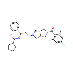 Cc1cc(F)cc(C)c1C(=O)N1C[C@@H]2CN(CC[C@H](NC(=O)C3CCCC3)c3ccccc3)C[C@@H]2C1 ZINC000049112810