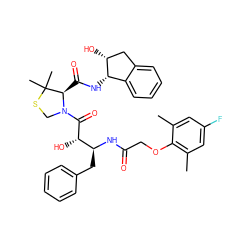 Cc1cc(F)cc(C)c1OCC(=O)N[C@@H](Cc1ccccc1)[C@H](O)C(=O)N1CSC(C)(C)[C@H]1C(=O)N[C@H]1c2ccccc2C[C@H]1O ZINC000049889577