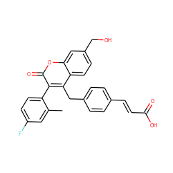 Cc1cc(F)ccc1-c1c(Cc2ccc(/C=C/C(=O)O)cc2)c2ccc(CO)cc2oc1=O ZINC000299852298