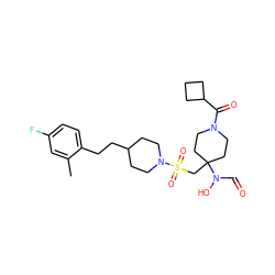 Cc1cc(F)ccc1CCC1CCN(S(=O)(=O)CC2(N(O)C=O)CCN(C(=O)C3CCC3)CC2)CC1 ZINC000071296070