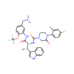 Cc1cc(F)ccc1N1CCN(C(=O)N[C@@H](C(=O)Nc2cc(CN(C)C)ccc2OC(F)(F)F)[C@@H](C)c2c[nH]c3ccccc23)CC1=O ZINC000163435901