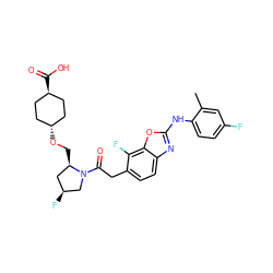 Cc1cc(F)ccc1Nc1nc2ccc(CC(=O)N3C[C@@H](F)C[C@H]3CO[C@H]3CC[C@H](C(=O)O)CC3)c(F)c2o1 ZINC000253684903