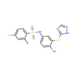 Cc1cc(F)ccc1S(=O)(=O)Nc1ccc(O)c(Sc2ncn[nH]2)c1 ZINC000005447759