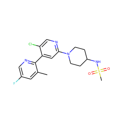 Cc1cc(F)cnc1-c1cc(N2CCC(NS(C)(=O)=O)CC2)ncc1Cl ZINC000146911689