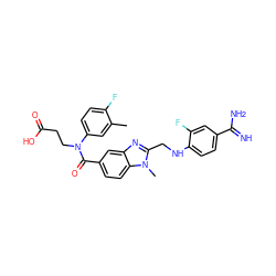 Cc1cc(N(CCC(=O)O)C(=O)c2ccc3c(c2)nc(CNc2ccc(C(=N)N)cc2F)n3C)ccc1F ZINC001772647371