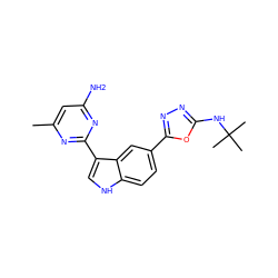 Cc1cc(N)nc(-c2c[nH]c3ccc(-c4nnc(NC(C)(C)C)o4)cc23)n1 ZINC000221720468