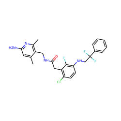 Cc1cc(N)nc(C)c1CNC(=O)Cc1c(Cl)ccc(NCC(F)(F)c2ccccc2)c1F ZINC000028956127