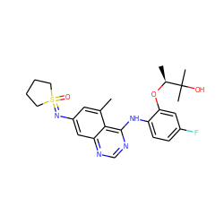 Cc1cc(N=S2(=O)CCCC2)cc2ncnc(Nc3ccc(F)cc3O[C@@H](C)C(C)(C)O)c12 ZINC001772650212